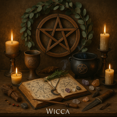 A pentagram surrounded by candles, herbs, and crystals on a wooden table.