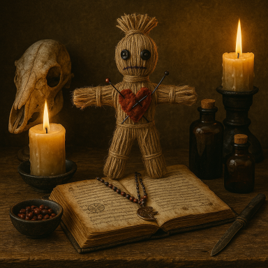 A voodoo doll with a heart, surrounded by candles, herbs, and an open book.