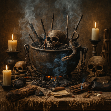 A dark, moody scene featuring a cauldron, skulls, candles, and eerie smoke.