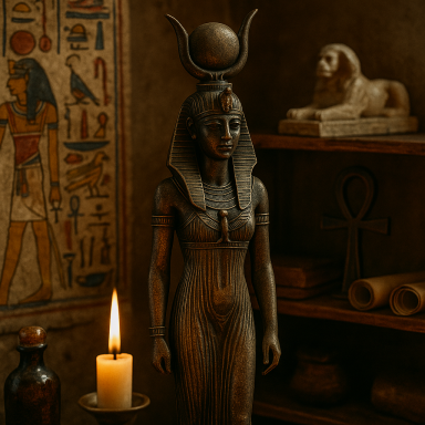 Wooden statue of a goddess with a headdress, candle and ancient artifacts in the background.