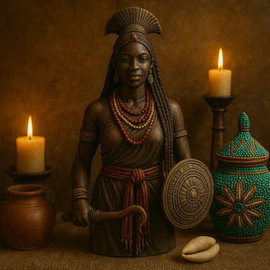 Bronze statue of a warrior woman, adorned with jewelry, holding a shield and sword.