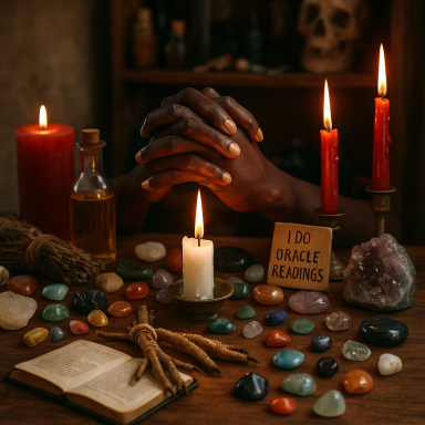 A table with candles, crystals, an open book, and a sign reading "I DO ORACLE READINGS."